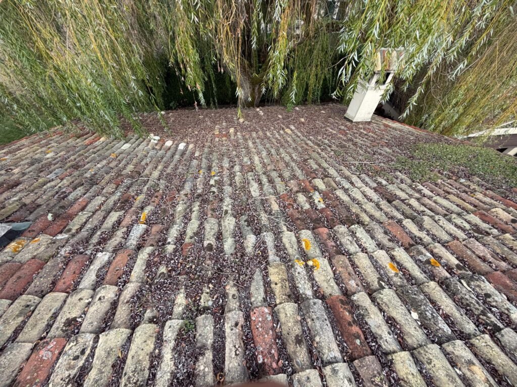 Toiture tuiles canal anciennes encrassées avant démoussage – couvreur à Villeneuve (04)